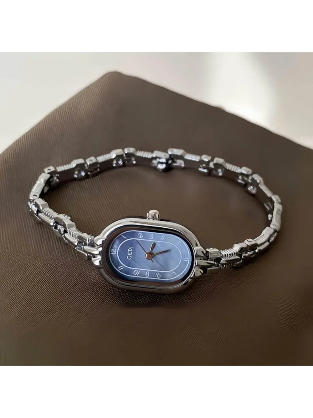Women's Silver Blue Oval Vintage Bracelet Small Quartz Dress Bangle Analog Watch